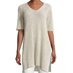 Eileen Fisher Pebble V-Neck Tunic Organic Linen Melange Fishing Net Beige Medium